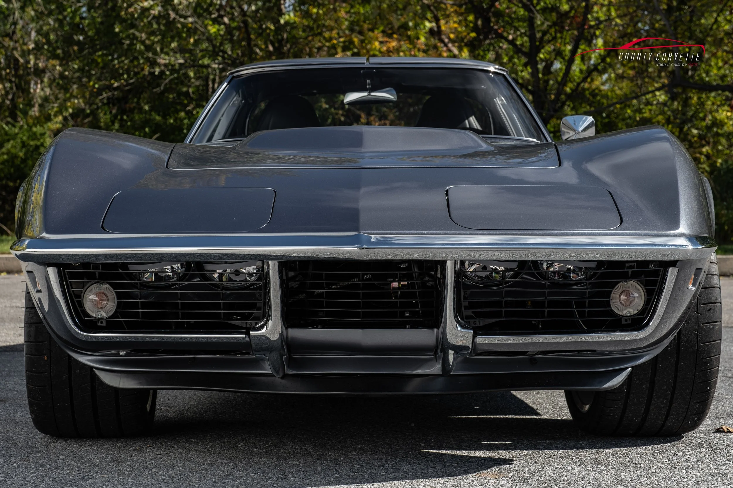 Hand built in Pennsylvania by County Corvette. This 1969 Corvette Restomod with 6.2L LS3 V8, Tremec 6-Speed Manual Transmission, and much more. This Chevrolet Corvette wears a custom silver metallic paint, with a black leather interior. Amenities inc
