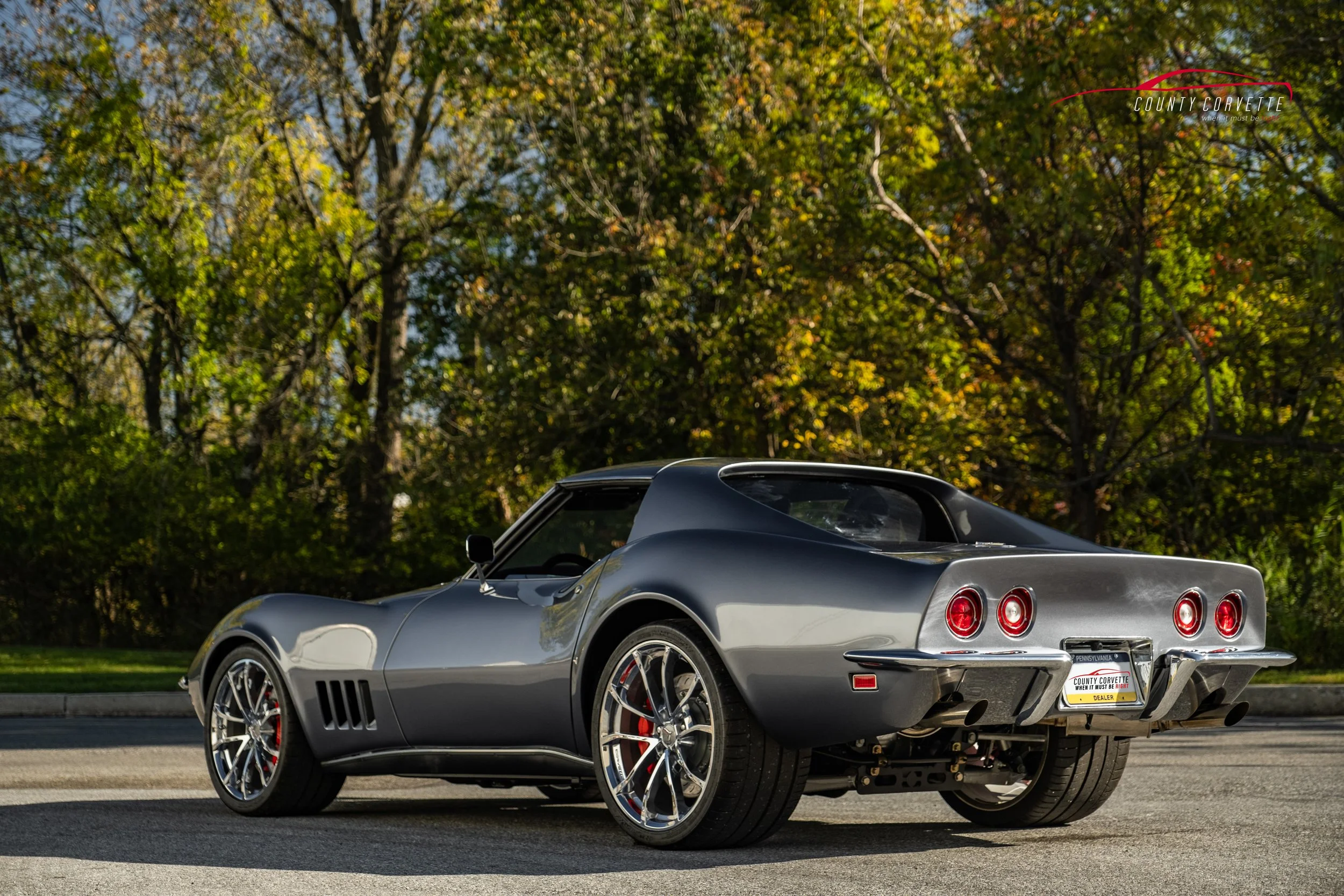 Hand built in Pennsylvania by County Corvette. This 1969 Corvette Restomod with 6.2L LS3 V8, Tremec 6-Speed Manual Transmission, and much more. This Chevrolet Corvette wears a custom silver metallic paint, with a black leather interior. Amenities inc