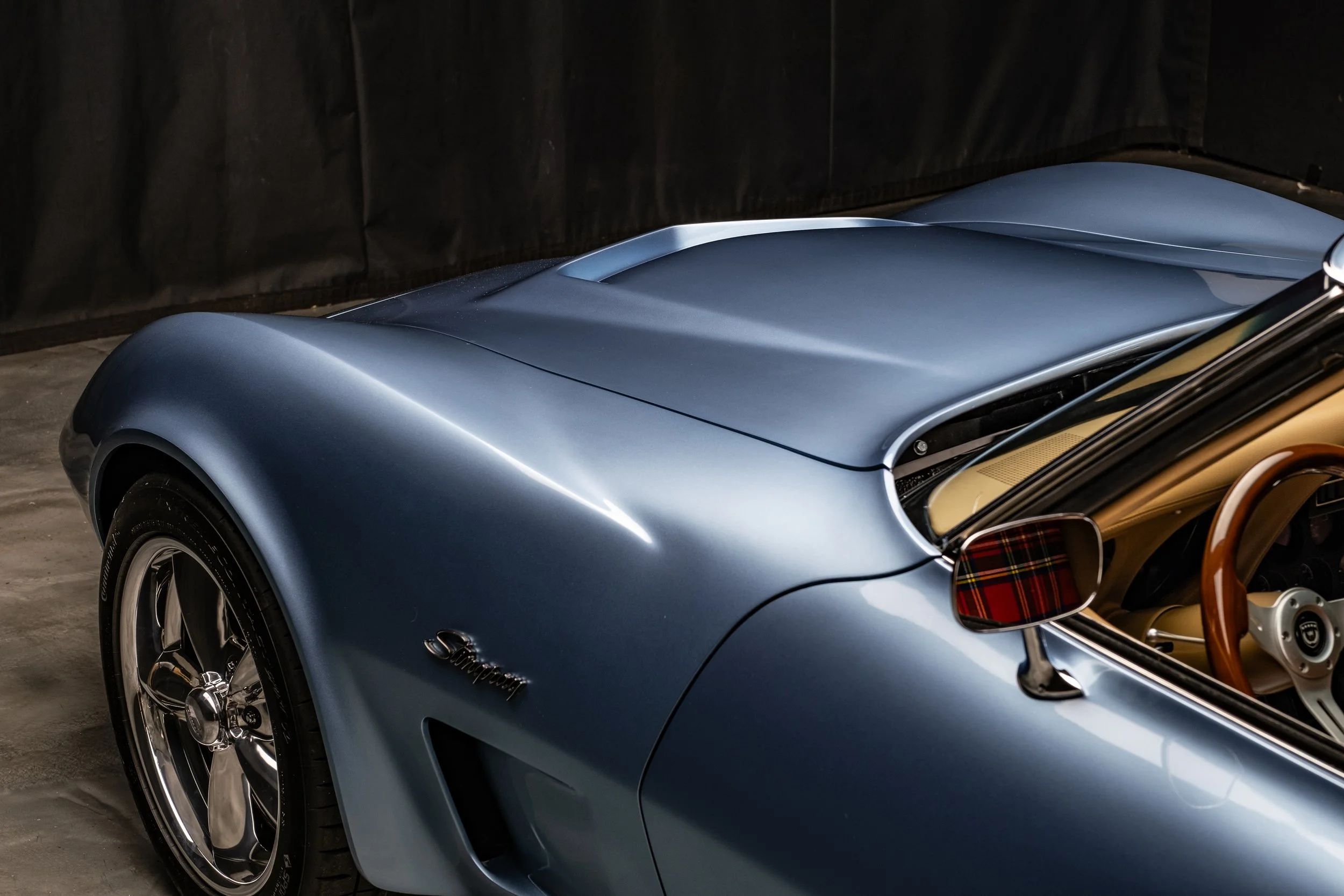 1975 Corvette Restomod built for the 2024 Charles Schwab Challenge by us, County Corvette. '75 Schwab Stingray 1975 Schwab Corvette Stingray Blue, Saddle Tan interior, Tartan Plaid Accents, Custom Car, Custom restomod, hot rod