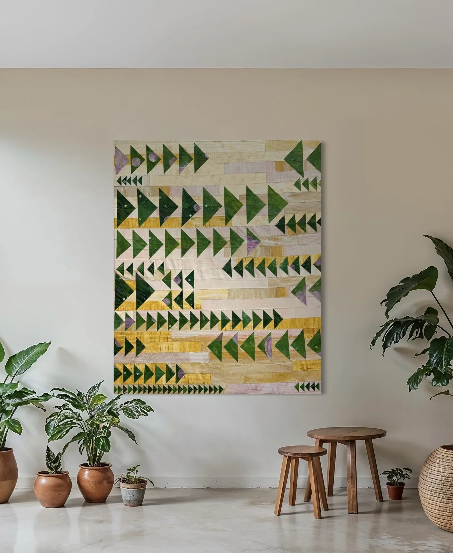 "Ode to My Mother No. 16" | Painted quiltwork: acrylic paintings, cut apart and hand-stitched back together in traditional quilt-block patterns. No fabric — only paint, canvas, and thread. 60 W x 27 H x 1.5 D in. In No. 16 the "rockiness" starts to s