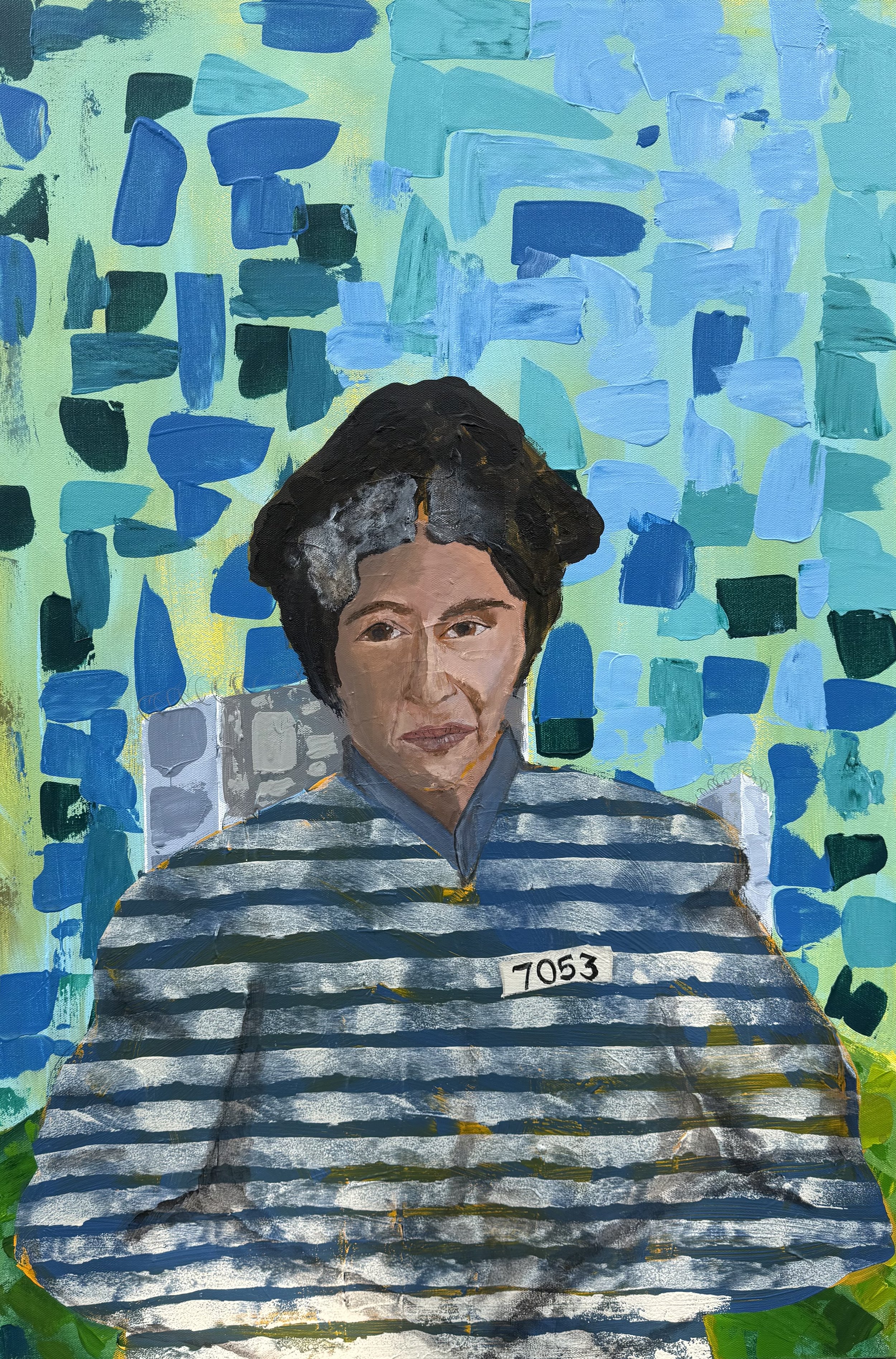Rosa Stays Strong. Acrylic on canva, 24 x 36 x 1.5 in. Rosa Parks is a symbol of defiance; an icon of the civil rights movement. Her experience is also symbolic of how the police and prison system are weaponized against its own citizens -- from our