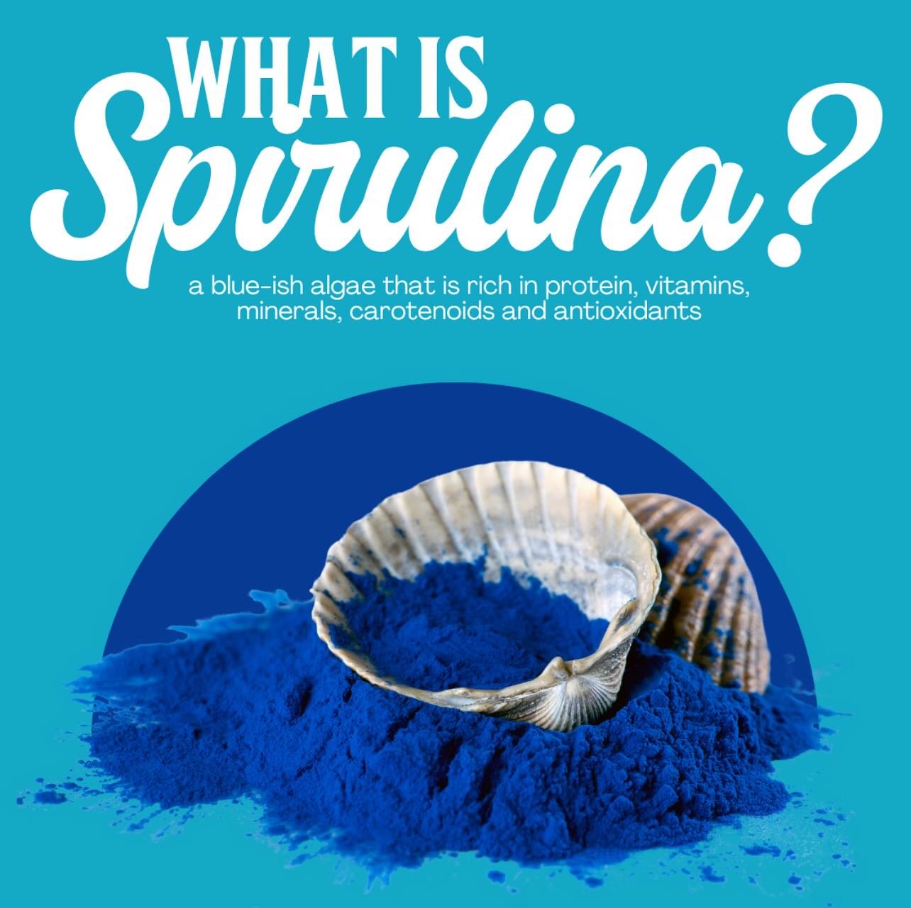 What the heck is Spirulina????? This little powerhouse of a powder comes in green or blue in color, we use blue, aka blue majik. Add it to your smoothie or try our Blue Majik Lemonade in our Grab &amp; Go fridge.