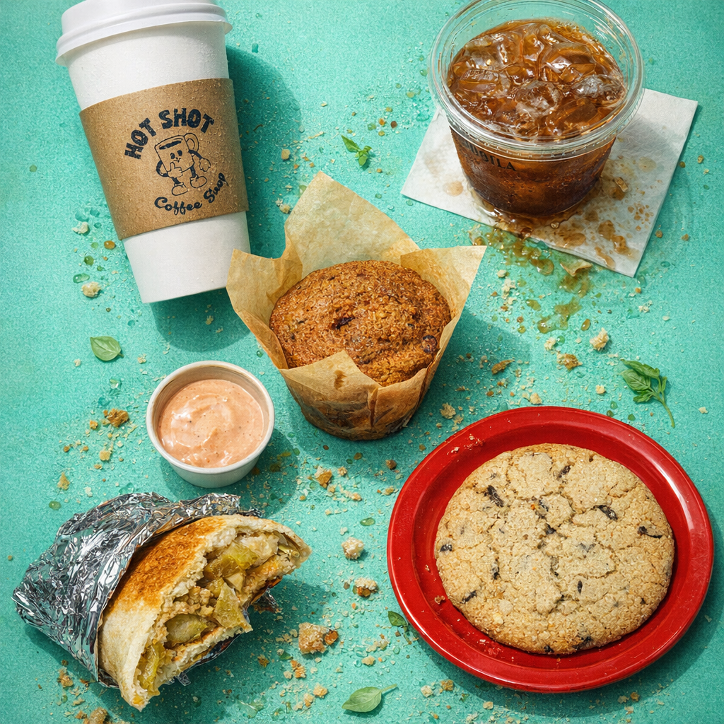 A spread of fast food items including a coffee cup with a sleeve that says "Hot Shot Coffee Shop," a cup of iced cola, a muffin in parchment paper, a slice of burrito wrapped in foil, a large chocolate chip cookie on a red plate, and a small containe