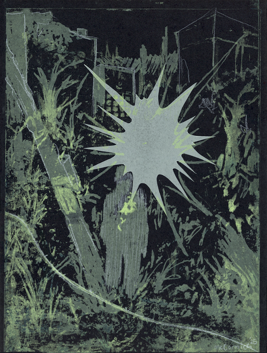 Pronto-plate lithography with chine-collé, lithography ink on paper, 9 x 12 in.