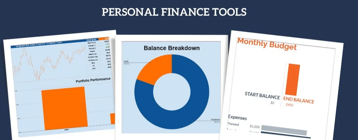 Collection of personal finance tools including charts and graphs such as a stock quote graph, portfolio performance bar, balance breakdown pie chart, and a monthly budget chart