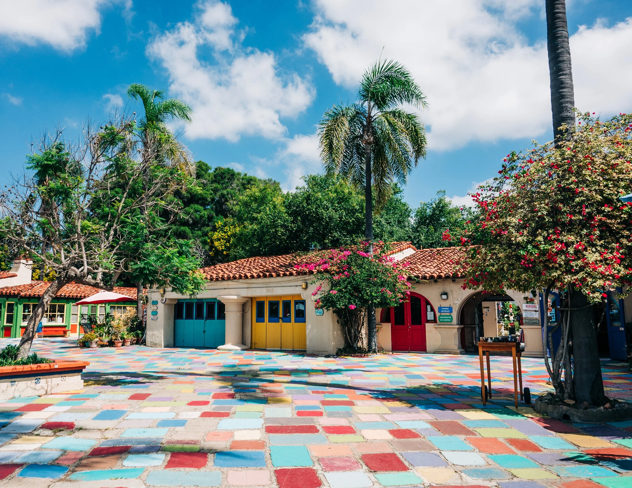 Balboa Park, San Diego, California, Artist square, Colorful, Spanish style, artsy, pal trees, blue skies