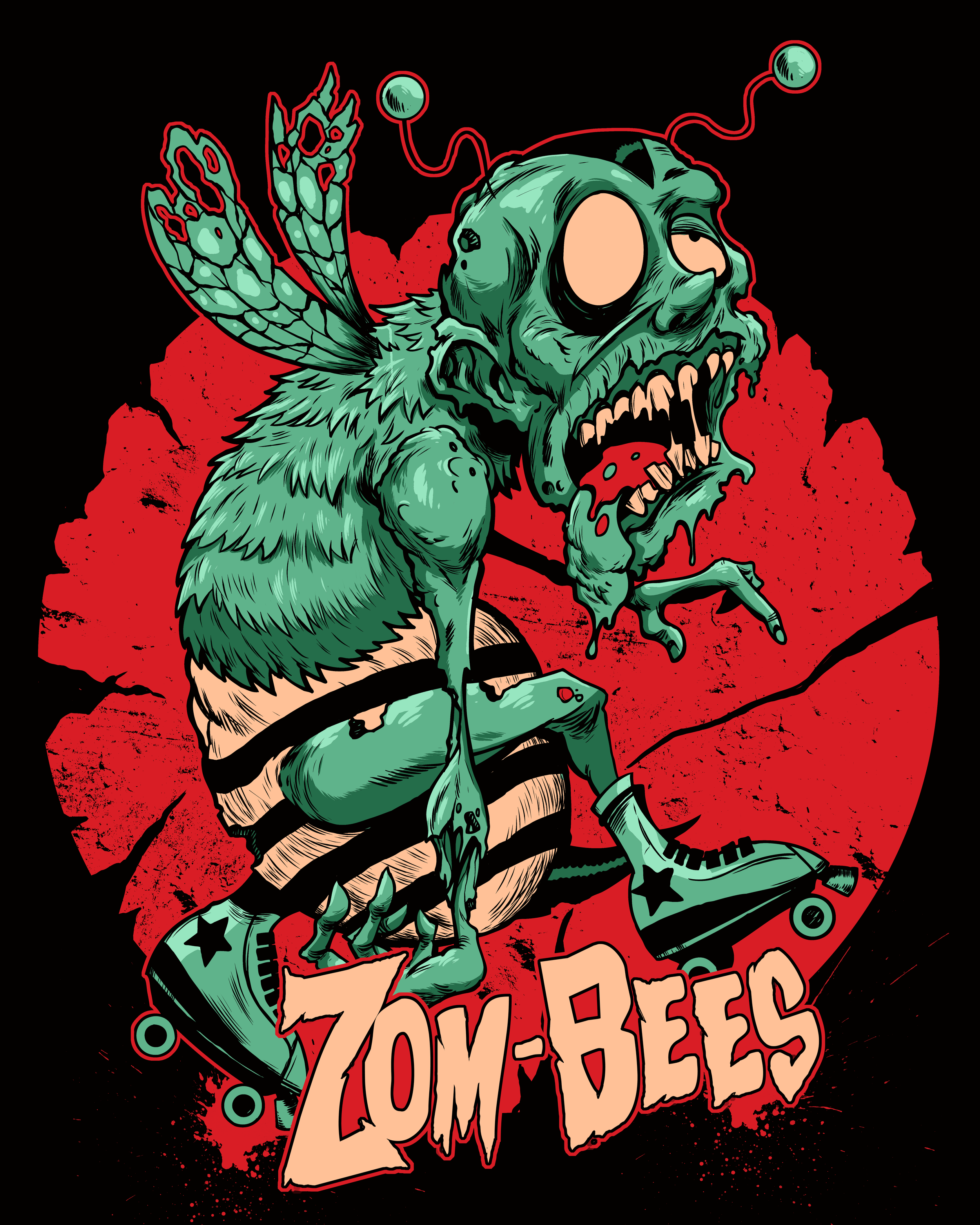 A graphic illustration of a zombie insect hybrid with butterfly wings, roller skates, and a striped abdomen, with a red background and the text 'ZOMBIES' at the bottom.