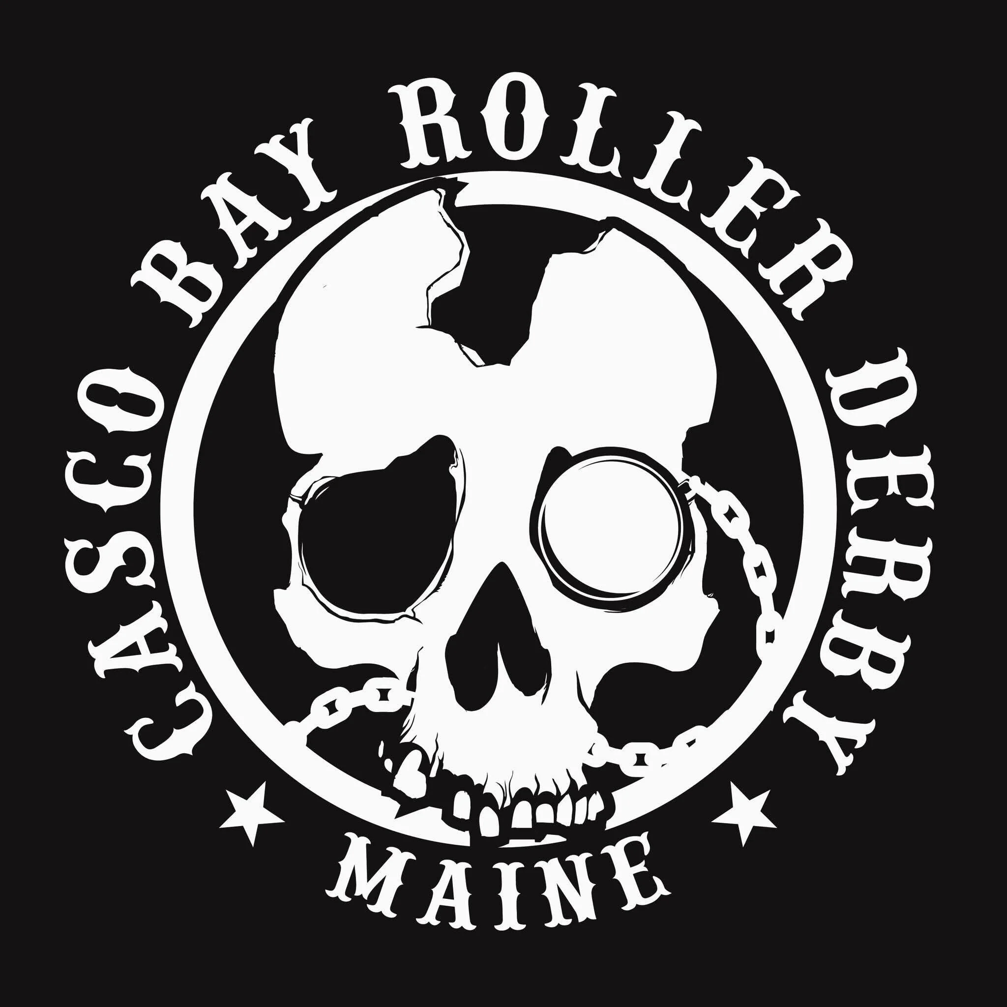 Black background with a white skull wearing a pirate eye patch, encircled by a chain, and the text 'Custom Bar Roller Derby Maine' around the skull.