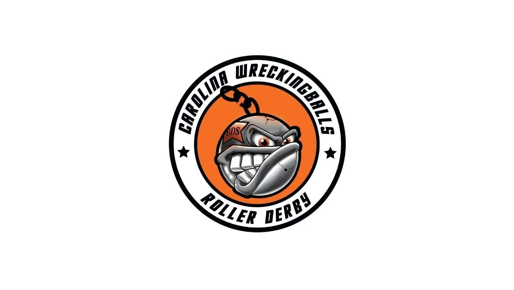 Logo for Carolina Wreckingball Roller Derby featuring a stylized wrecking ball with a fierce face and clenched teeth, hanging from a chain, with the text "Carolina Wreckingballs Roller Derby" around the circle.