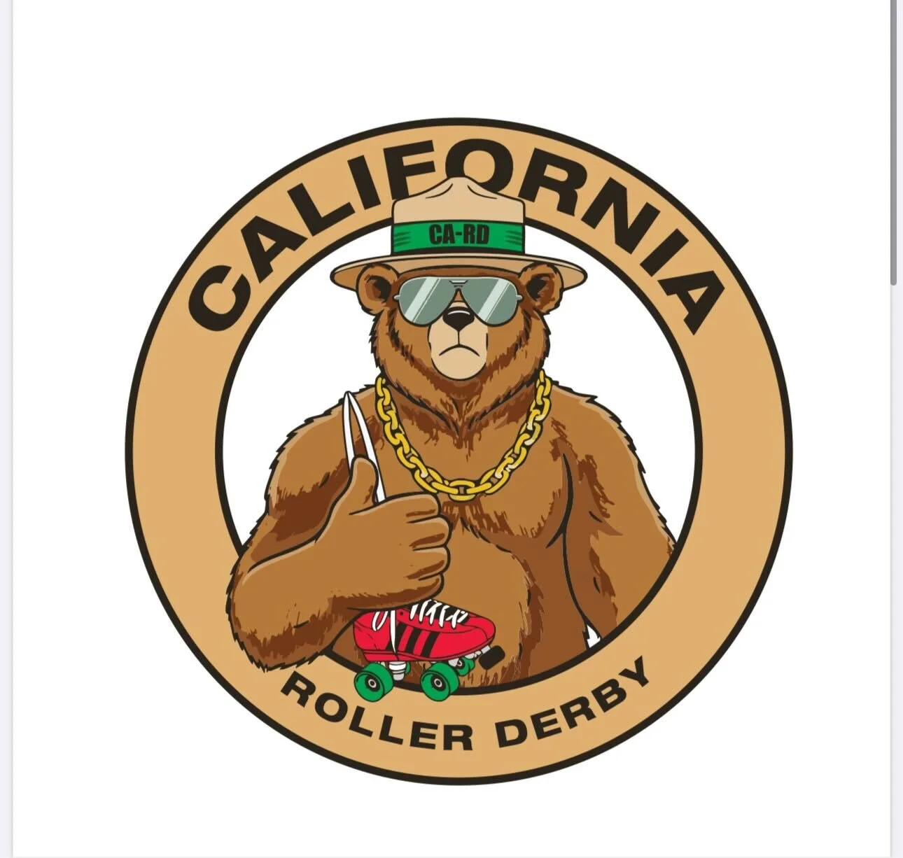 A cartoon bear wearing sunglasses, a hat, a gold chain, and holding a pair of ice skates, with a red roller skate hanging from his arm, inside a circular logo says 'California Roller Derby'.
