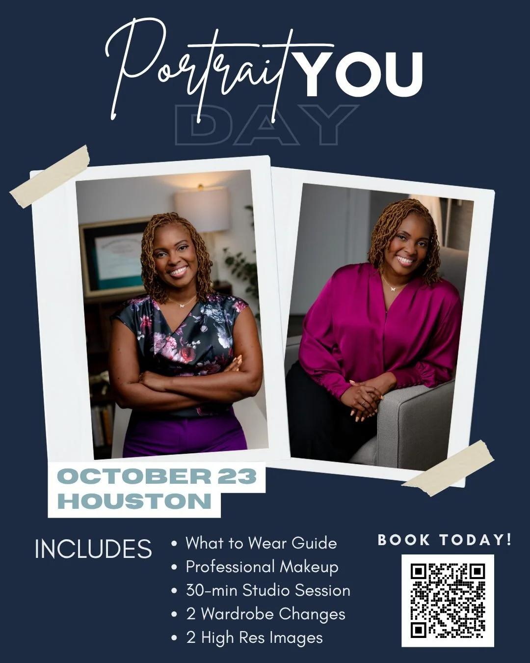 PortraitYOU Day is happening in Houston on October 23, and only a few spots remain. ✨

If your current headshot no longer reflects who you are today, this is your moment to update it.

Refresh your professional image with portraits that feel confiden