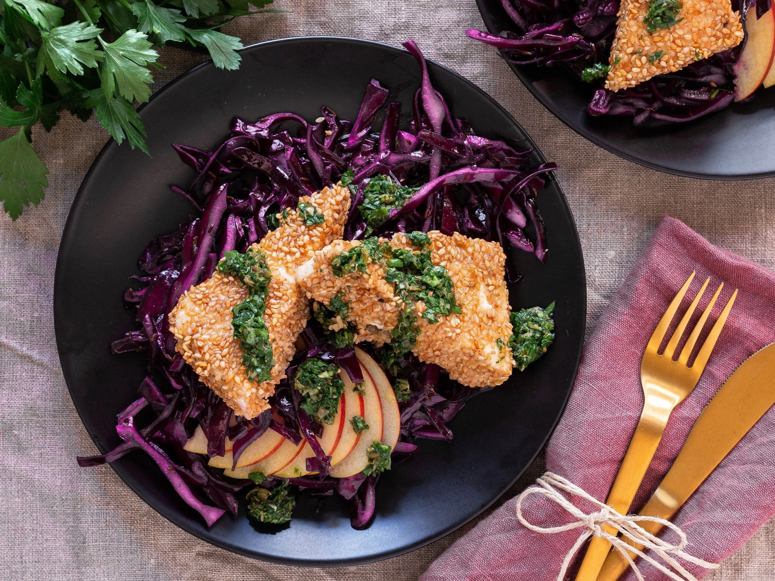Breaded Feta with Red Cabbage and Salsa Verde