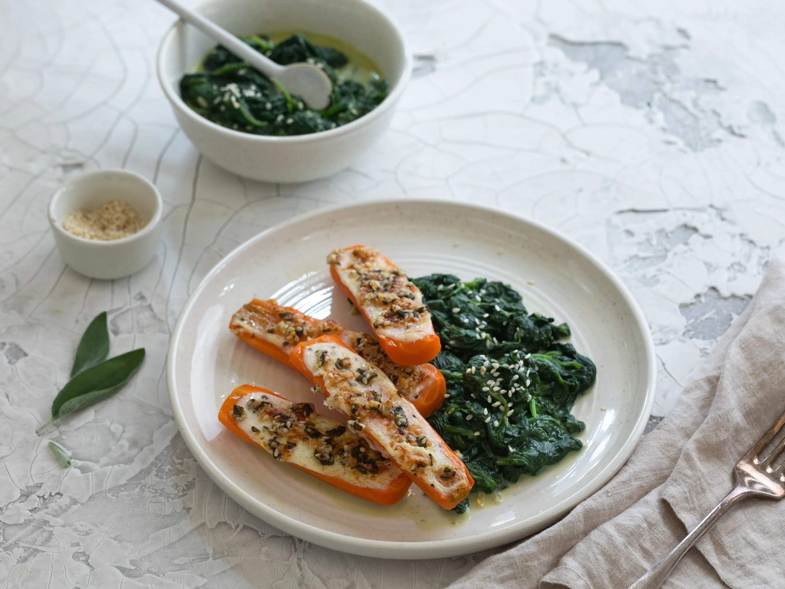 Baked Carrots with Sesame Sauce and Spinach