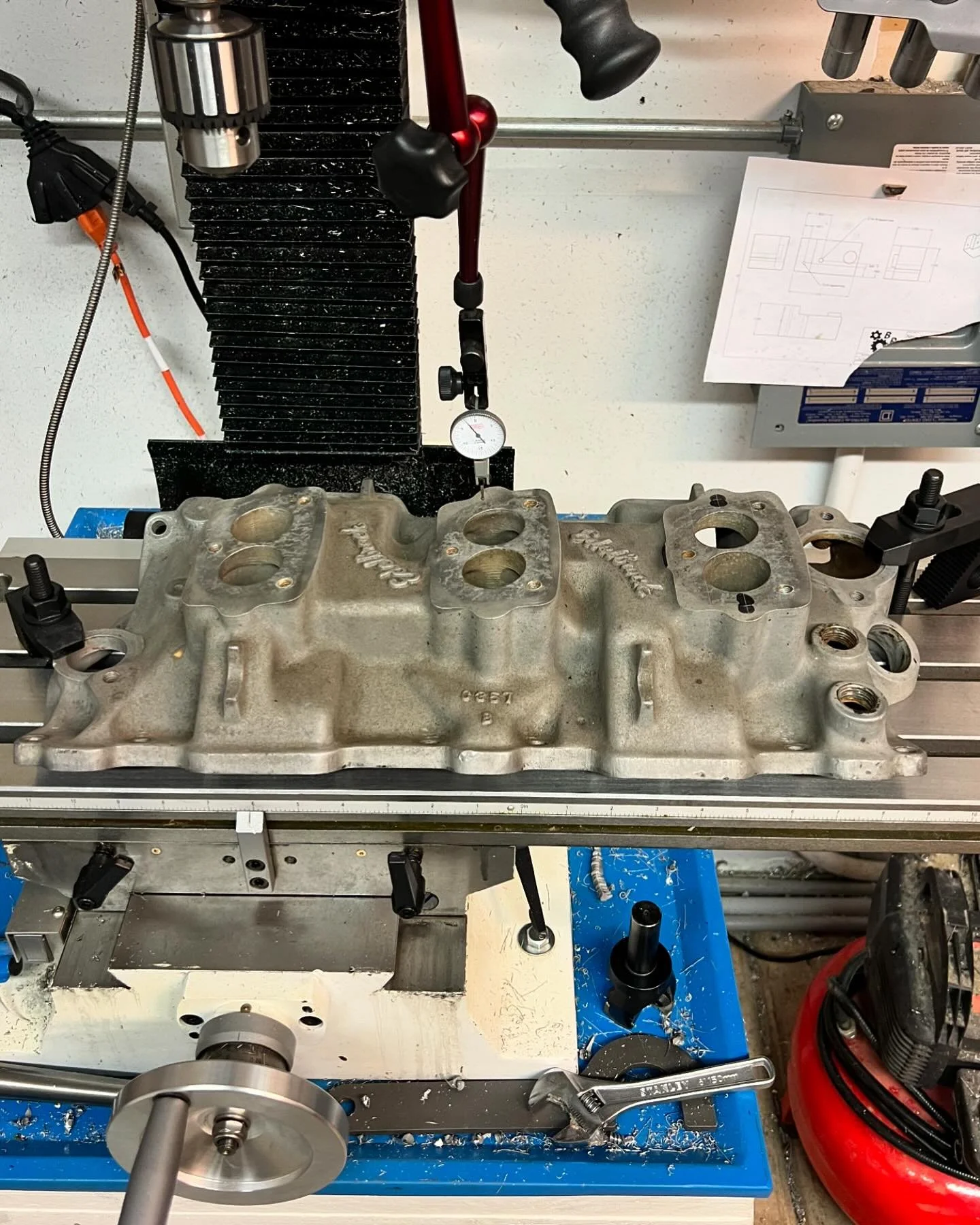 Milled and drilled on a nice gentleman&rsquo;s hot rod  manifold today. All in a days work. 
&bull;
#machining #machinist