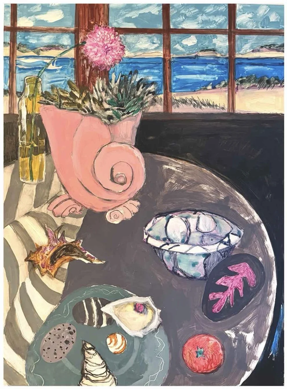 Beach Treasures and a Tomato 25x19, mixed media on panel, framed