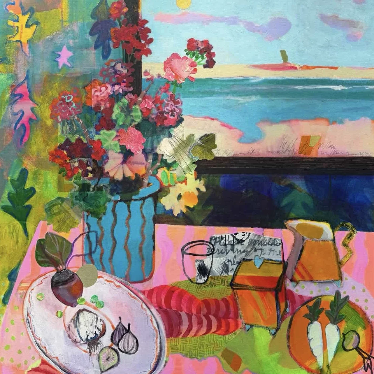 Geraniums and Figs 36x36 mixed media on canvas