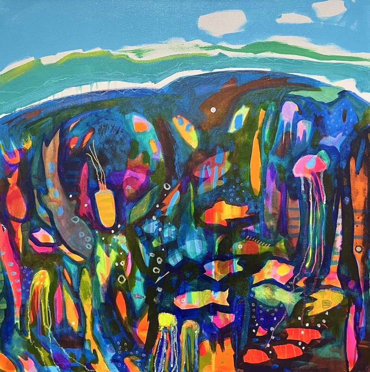 Festival of Fish, 24x24, acrylic, inks, pencil crayon, $1000 2.jpeg