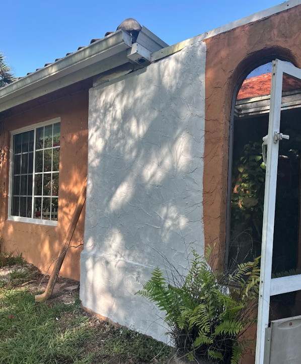 Stucco Repair - 
Removal of all damaged and spalled out stucco. Replaced with a new durable stucco with a matching texture and exterior prime and paint.
