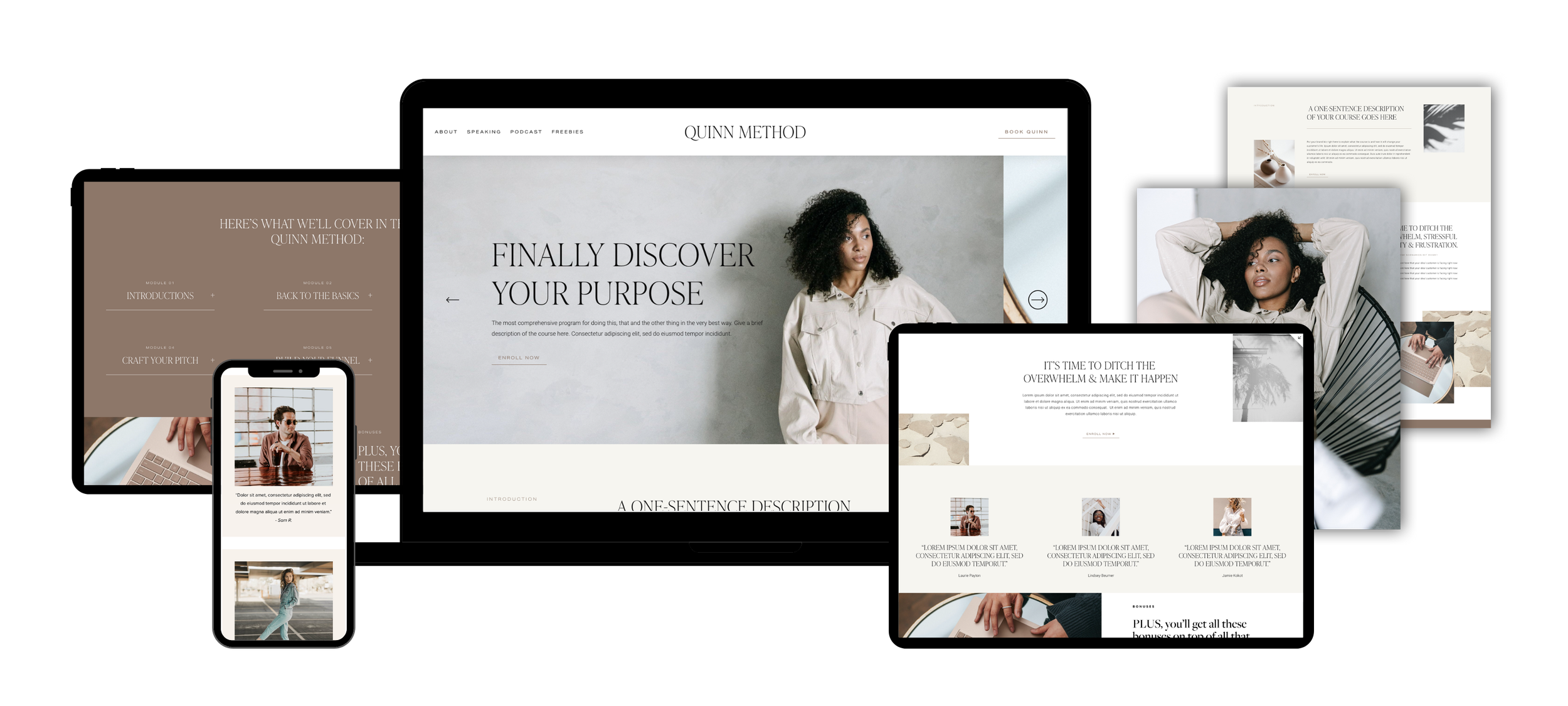 Multiple digital devices showing website pages with minimalist, modern design, featuring a woman with curly hair, text about discovering purpose, and various layout elements.