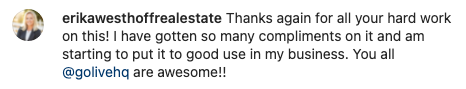 Screenshot of a social media comment thanking someone for their hard work on a project and mentioning receiving compliments and starting to put it to good use in their business.