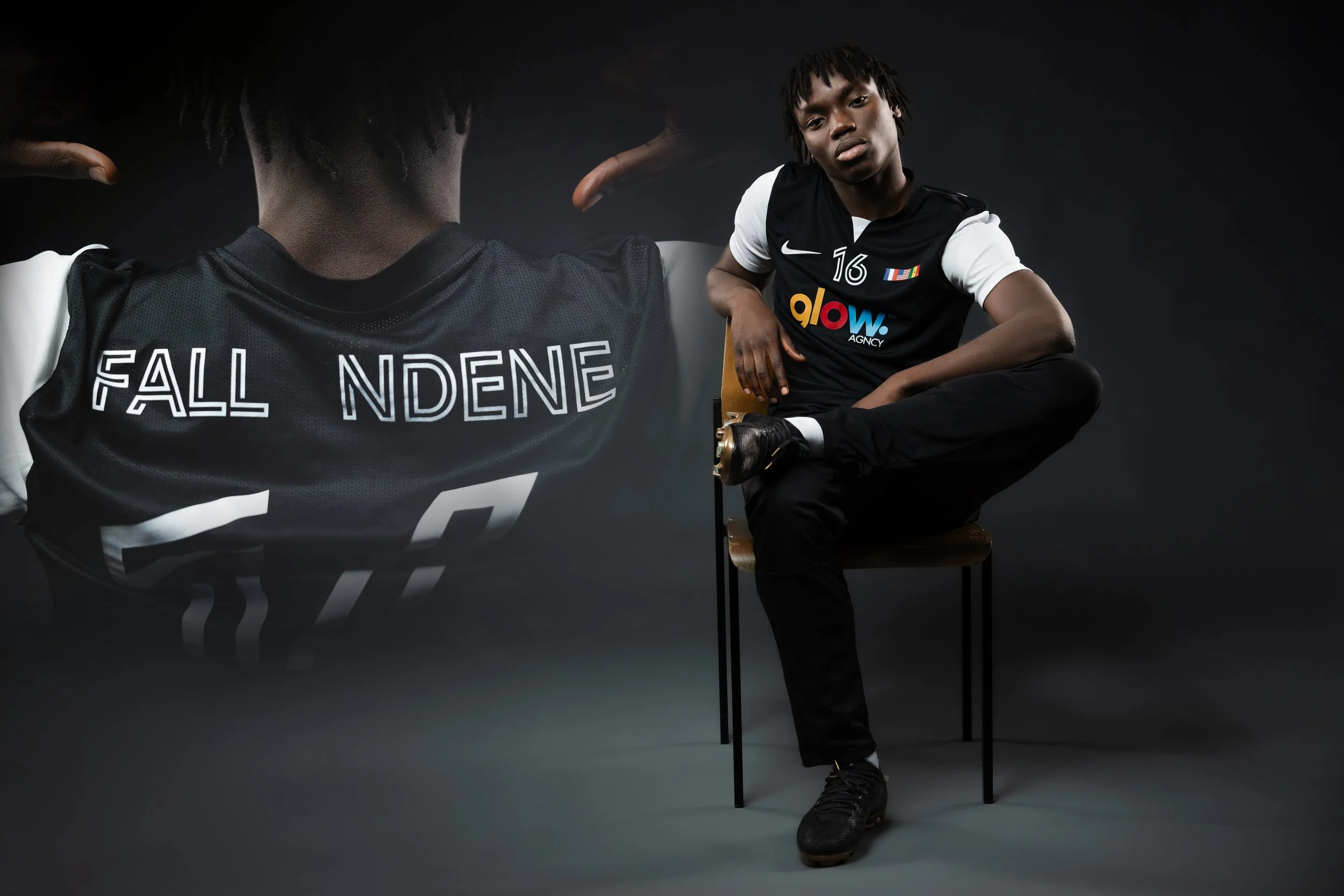 Young man wearing black and white sports jersey with the Nike logo and the word 'glow' on it, sitting on a chair against a dark background, with another image of him back facing showing the name 'FALL NENE' on his jersey.