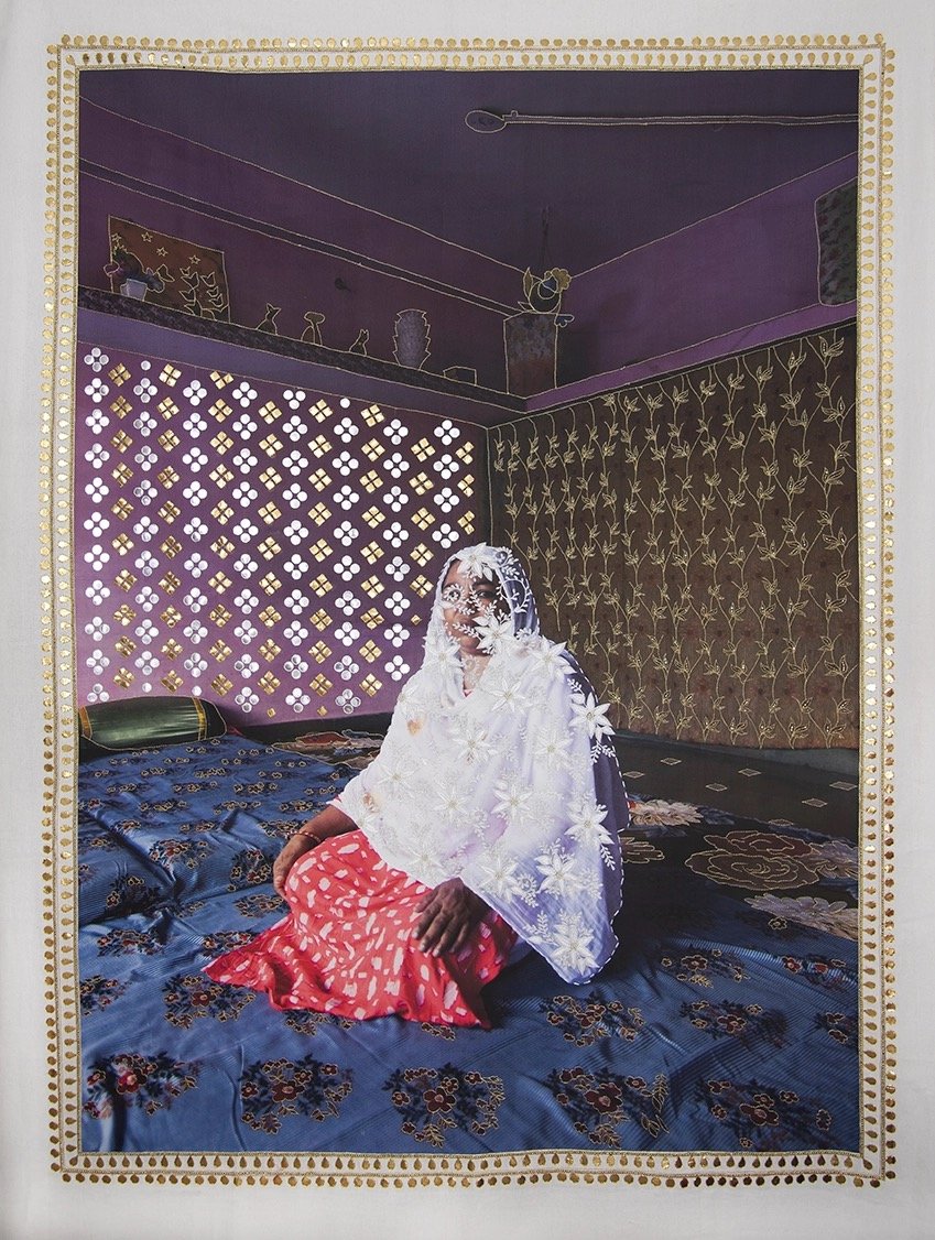  Noshad Bee, photographic transfer print on  khadi  fabric,  zardozi  and  gota-patti  embroidery, beadwork, 64.5 x 47.5 inches, 2023 