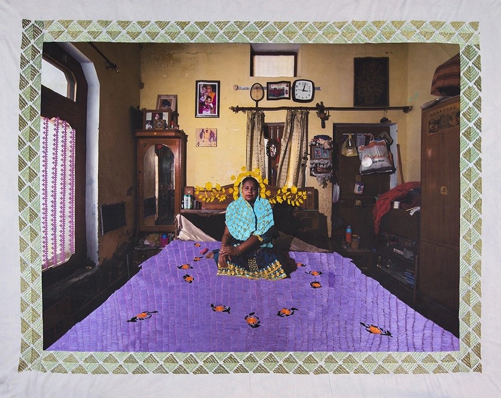  Charanjit, photographic transfer print on  khaddar  fabric,  phulkari  silk thread embroidery, 50 x 66 inches, 2023 