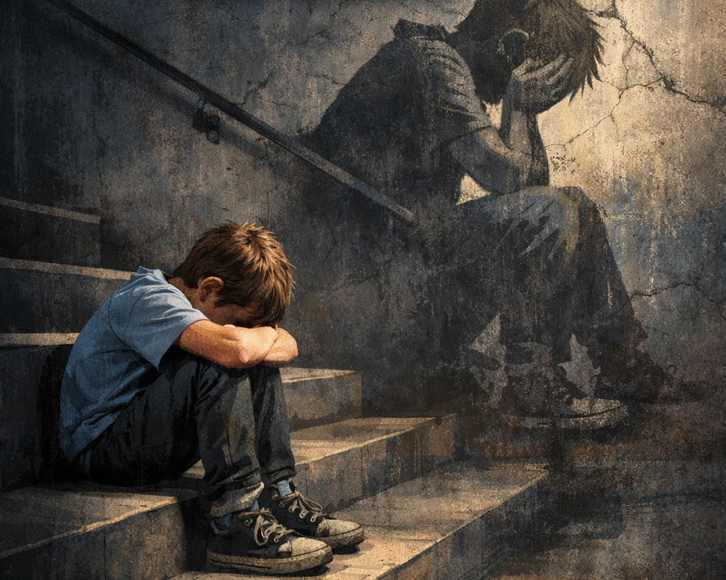 Child sitting alone on school stairs with head down, with a shadow behind him representing hidden trauma, SEMH needs, and emotional distress in UK school children often misunderstood as challenging behaviour.