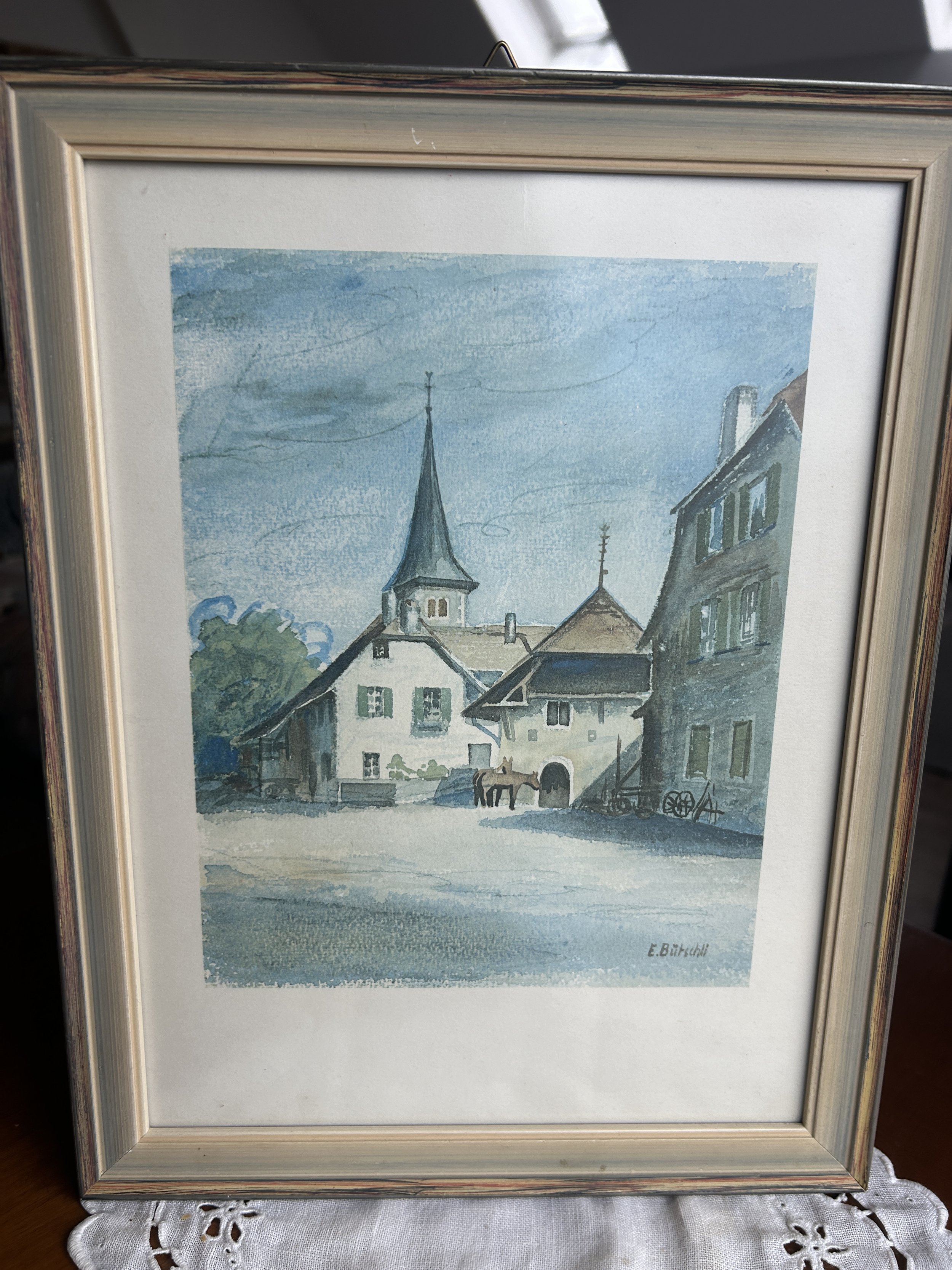 Litho art watercolor repro. E. Butchli village scene framed 1932