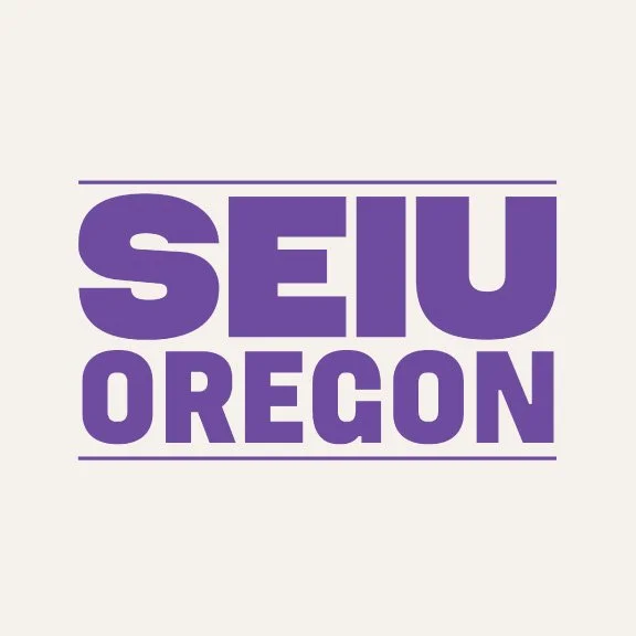 SEIU logo with a yellow rectangle and a starburst, purple background, and the slogan 'Stronger Together' in white text.