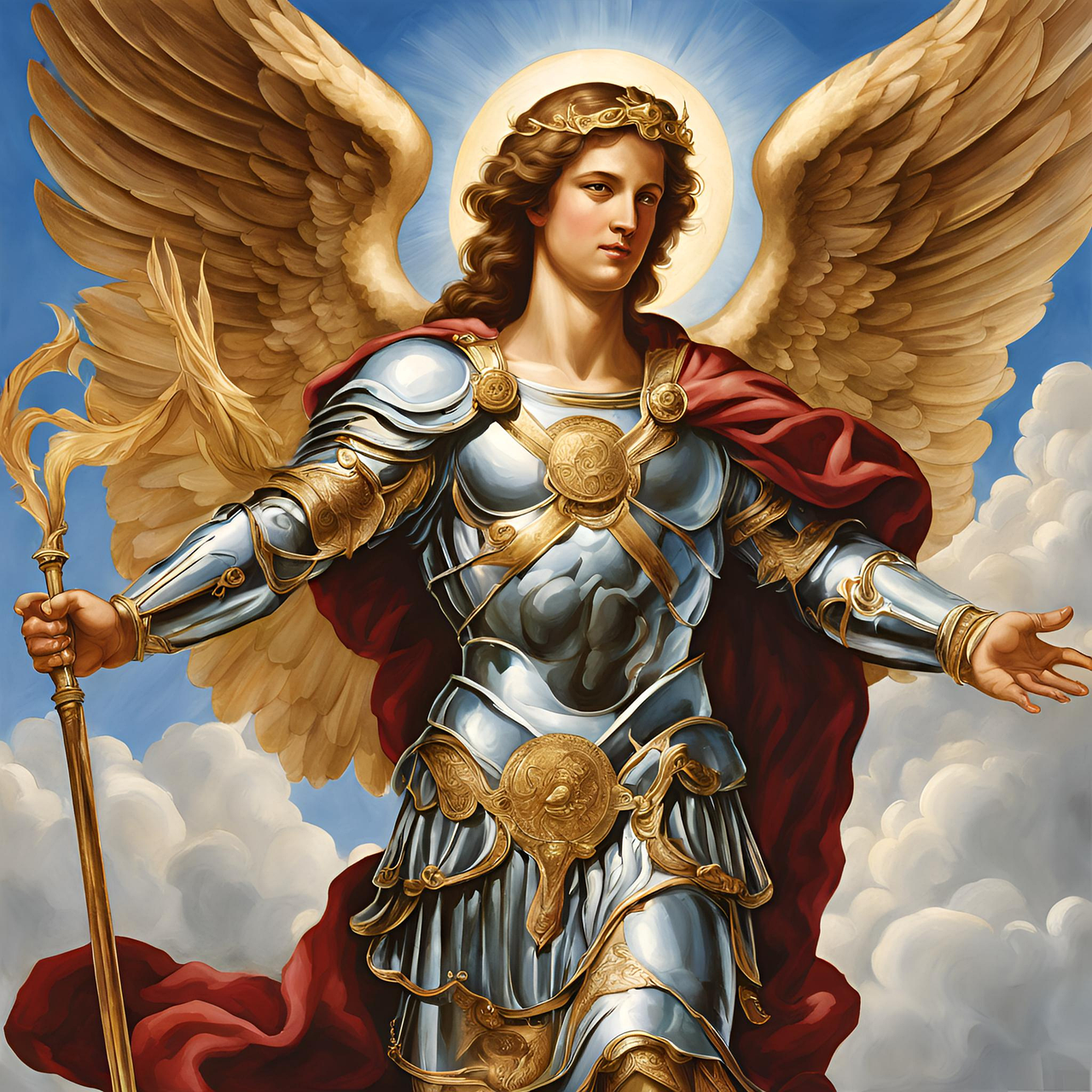 A warrior angel with gold armor, large white wings, and a golden halo, holding a staff, standing against a sky with clouds.