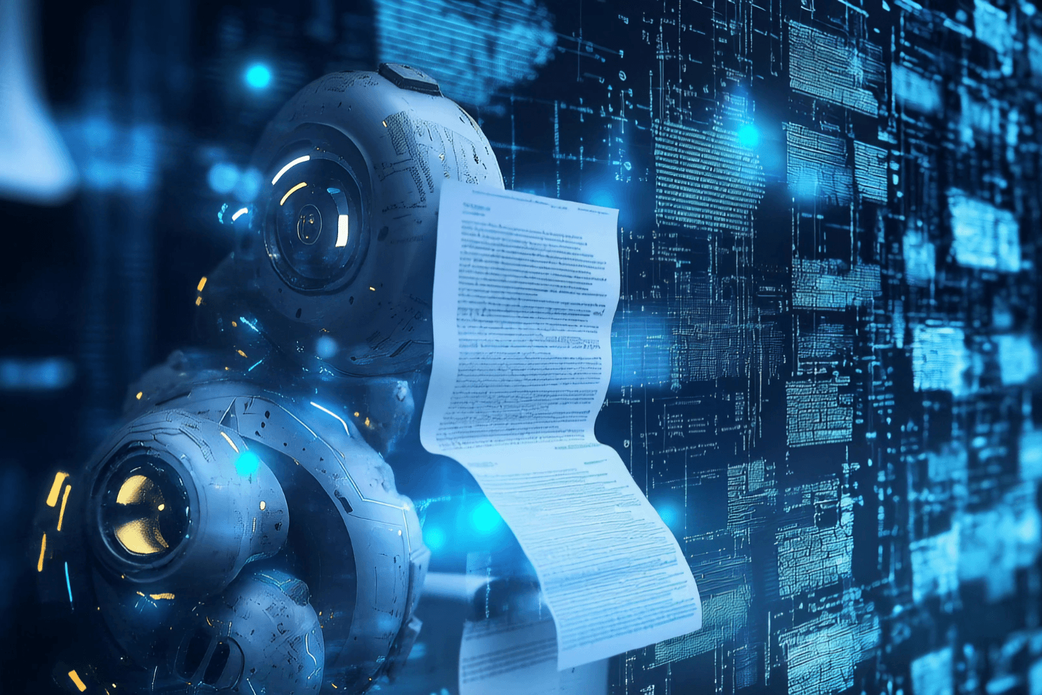 a robot with a sheet of of papwe with content on it, representing how ai resumes have robotic content and how it hurts job seekers