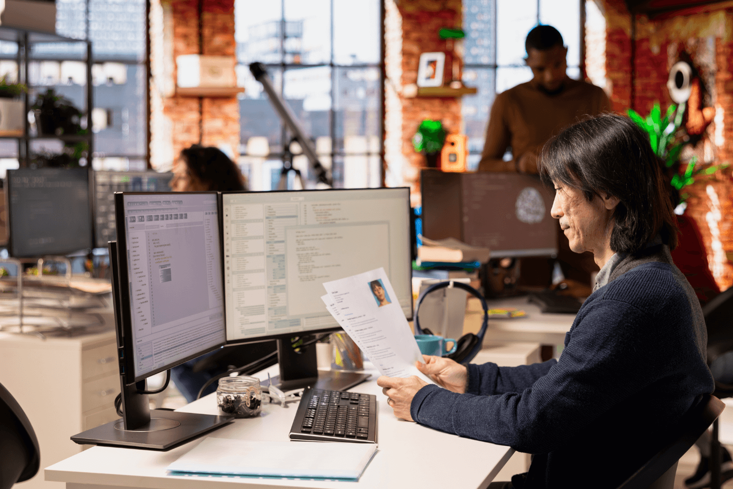 A man sitting at a desk, focused on two computers in front of him.