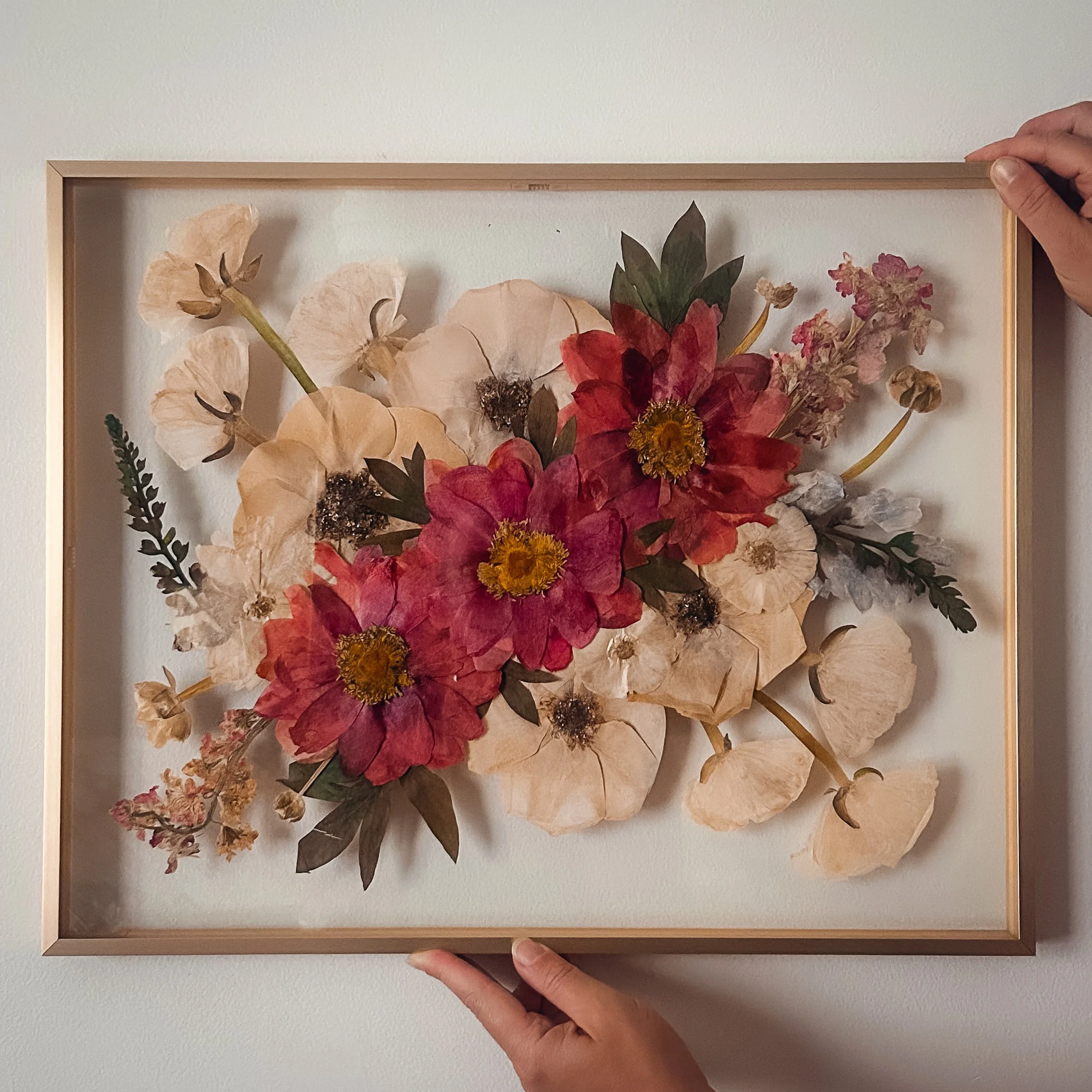 A framed artwork of pressed and dried flowers displayed on a wall, held by a person in their hand.