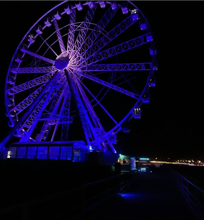 SkyView de Pier Ferris wheel at night in Scheveningen, Netherlands. 