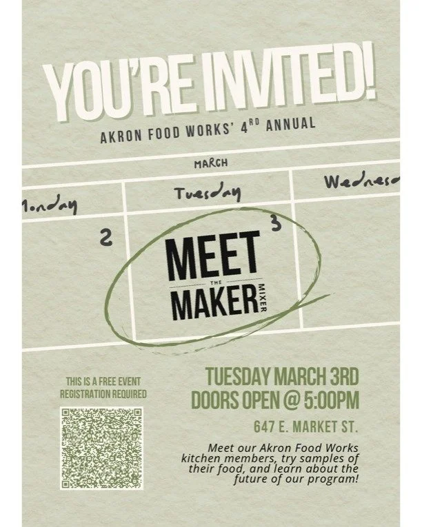Akron friends + foodies! 👋🏾

We&rsquo;re back for our 4th Meet the Maker Mixer at @akronfoodworks  on Tuesday, March 3rd (4&ndash;7 PM).

Stop by our table for samples:
🍑 Peach Cobbler Cups
🍗 Chicken &amp; Biscuit Cups
🥣 Soul Bowl Cups with grit