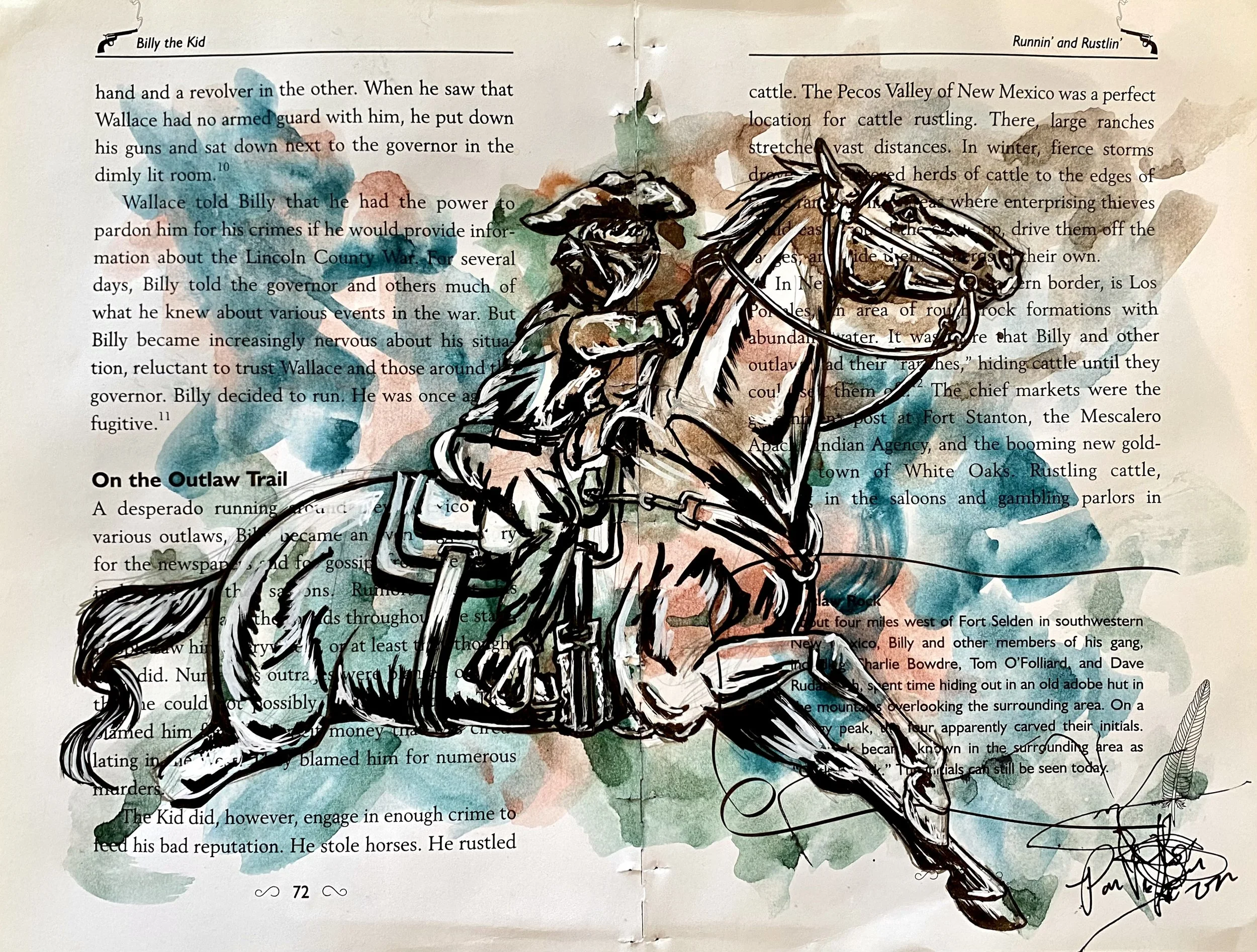 Billy the Kid: Runnin' and Rustlin'
9 in. H x 12 in. W
Watercolor & ink on recycled book paper
2022