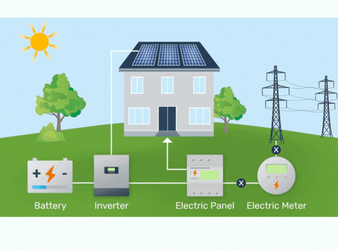 Diagram illustrating a solar power system for a house with solar panels, battery, inverter, electric panel, and electric meter connected, set against a landscape background with sun, trees, and power lines.