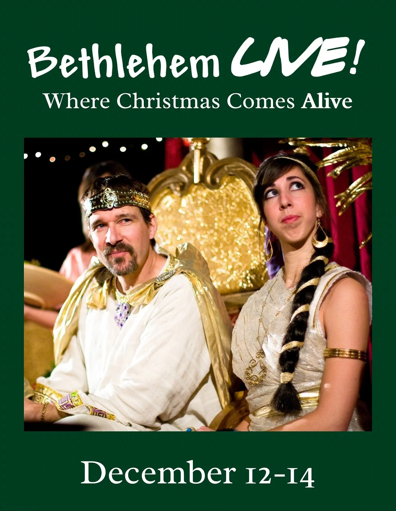 Join us this December for Bethlehem LIVE! Where Christmas Comes Alive!

Experience an interactive, living Nativity. 
All ages will enjoy the sights, smells, and sounds of Bethlehem&rsquo;s first Christmas over 2000 years ago.

Friday, December 12 | 6
