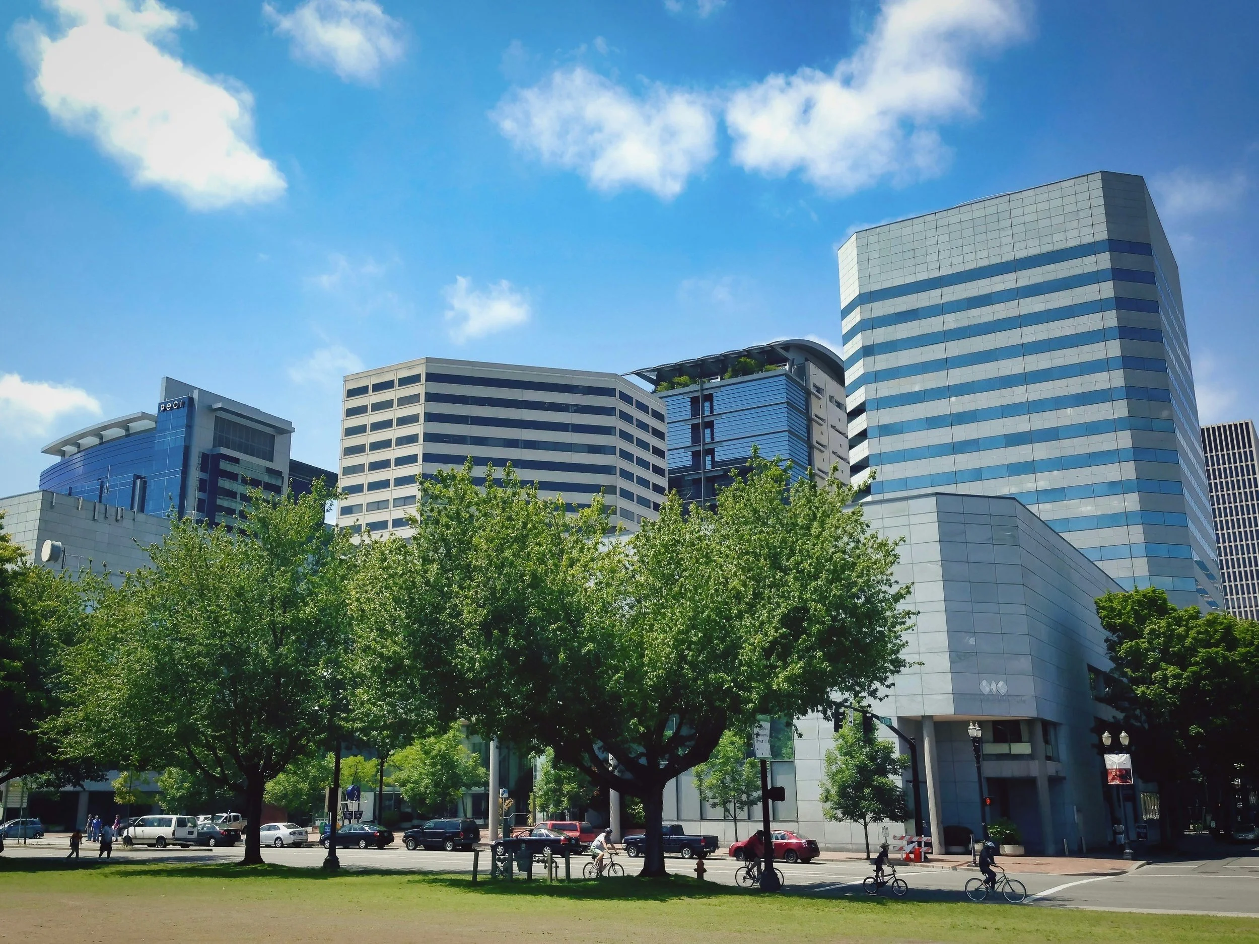 Modern commercial office buildings overlooking a busy urban street with trees, vehicles, cyclists, and pedestrians, illustrating how commercial properties serve as connected hubs for business, transportation, and daily activity.
