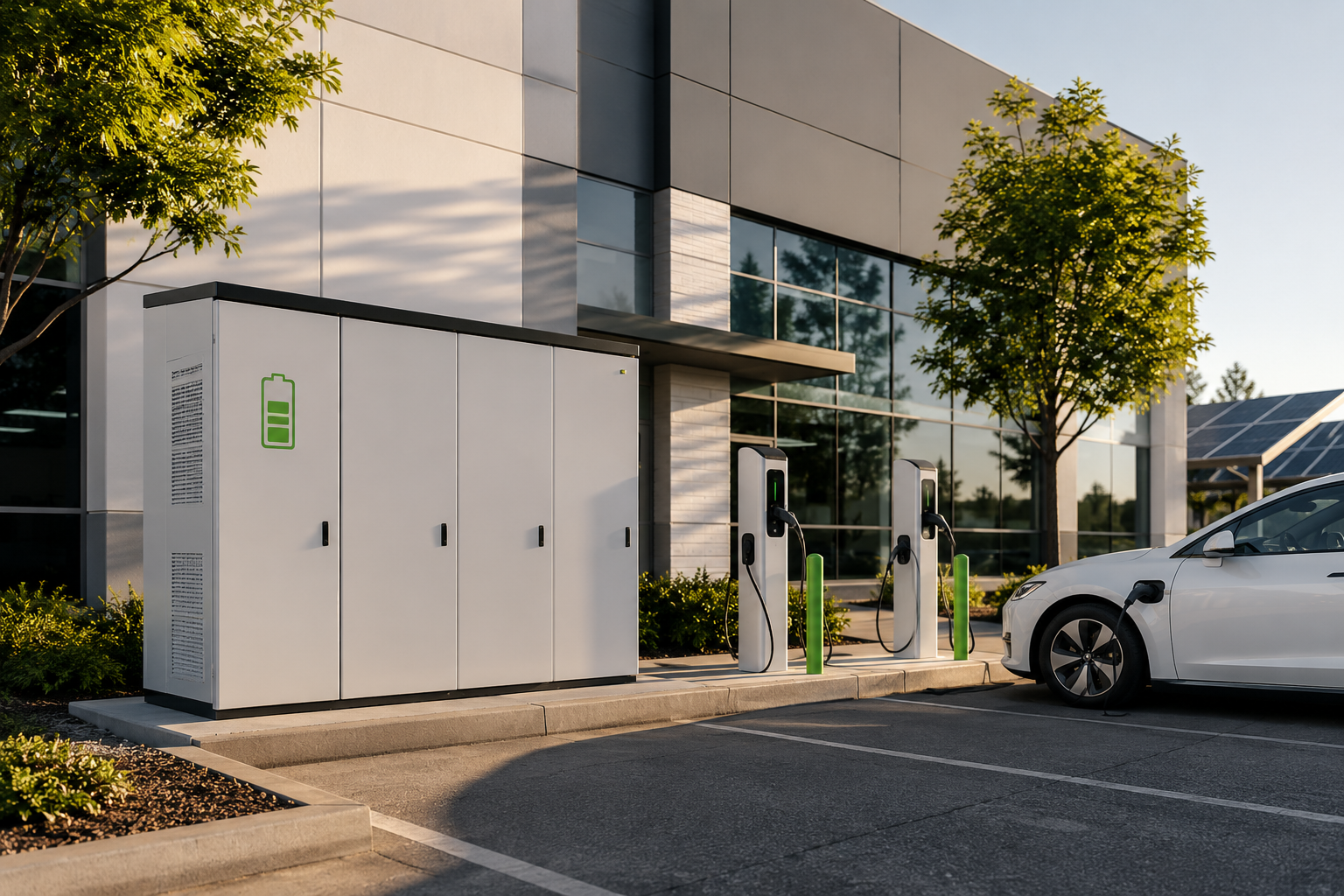 Modern commercial office building at sunset featuring a large battery energy storage unit surrounded by landscaping, symbolizing sustainable energy infrastructure and long-term energy strategy for commercial real estate.