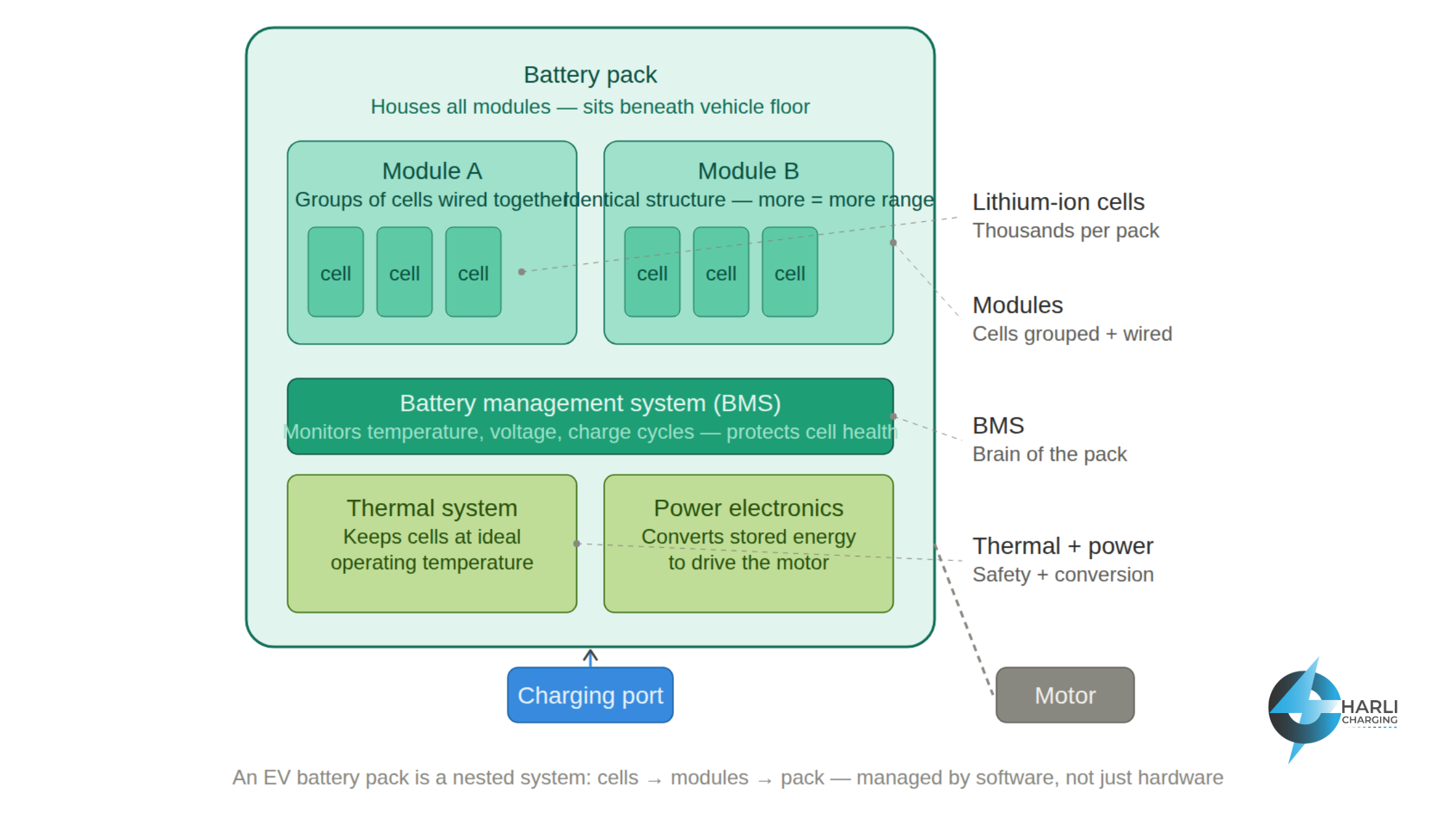 Diagram of an EV battery pack showing its nested structure: lithium-ion cells grouped into Module A and Module B, overseen by a Battery Management System (BMS), with a thermal system, power electronics, charging port input, and motor output labeled.
