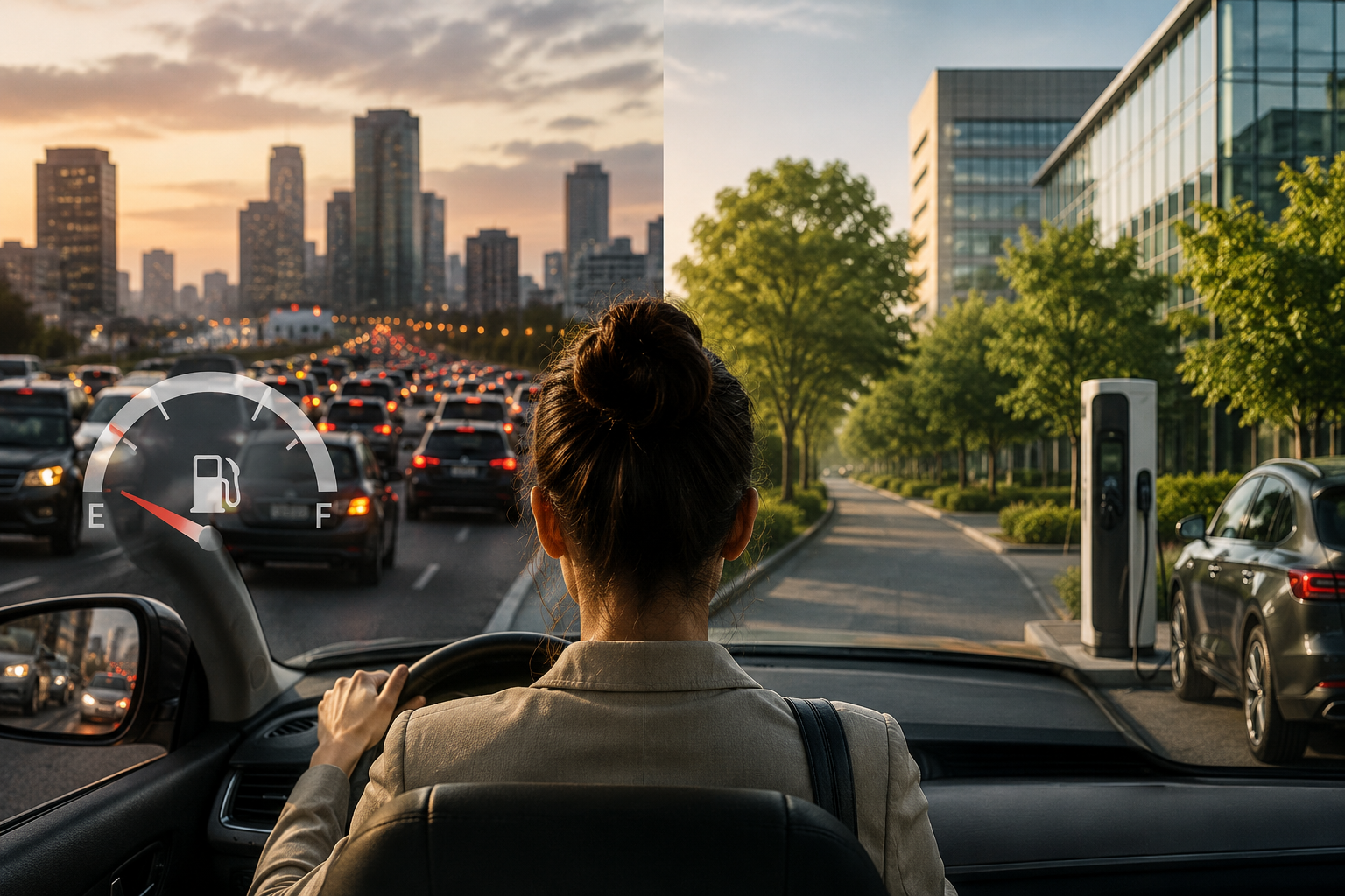 EV driver commuting through urban traffic toward a modern office campus with electric vehicle charging stations.