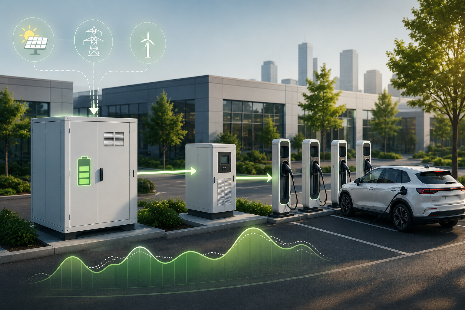 Modern commercial property with battery energy storage systems connected to EV charging stations, illustrating smart energy management and sustainable infrastructure for electric vehicle charging.