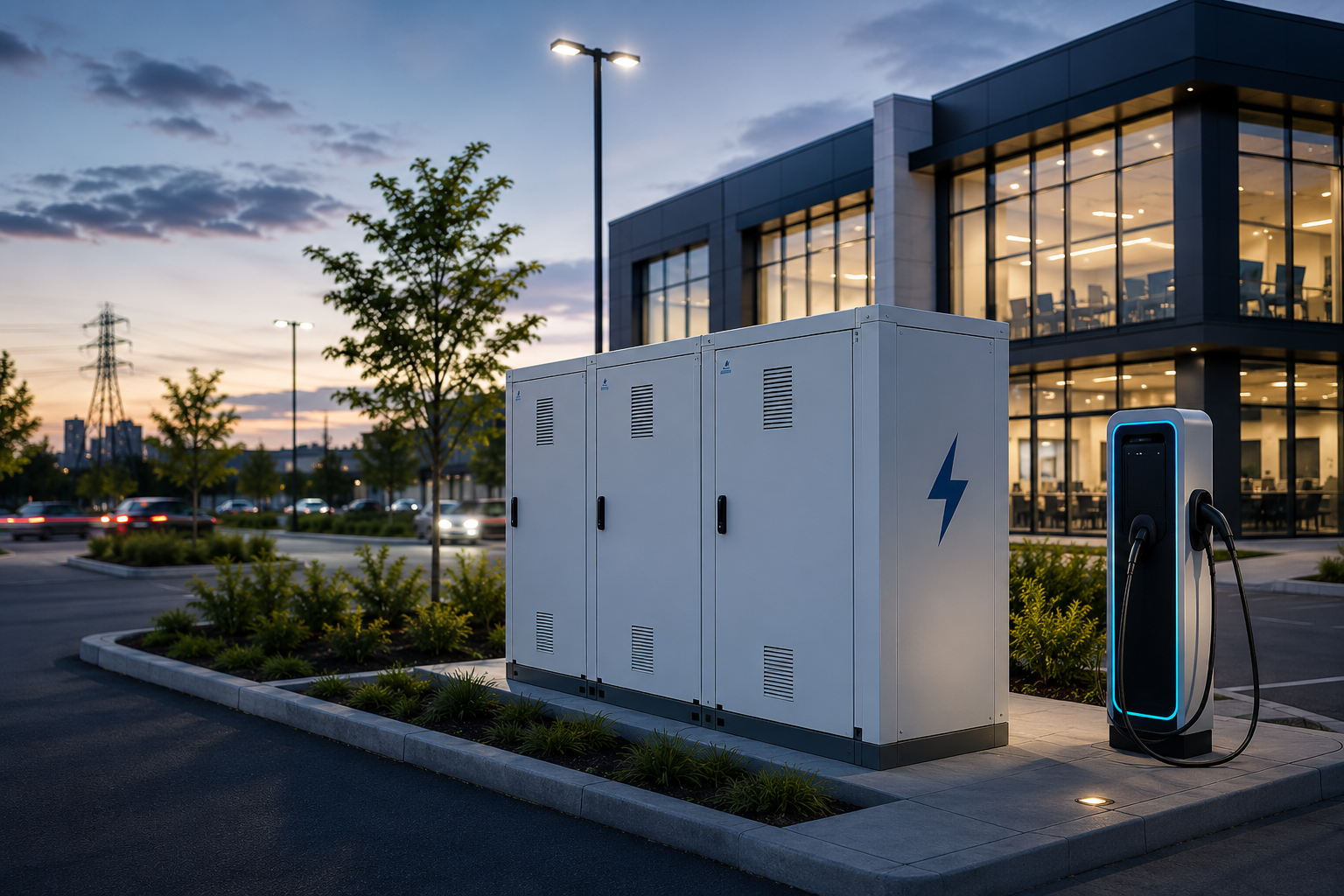 Modern commercial property with battery energy storage units and EV charging infrastructure installed outside a contemporary office building at dusk.