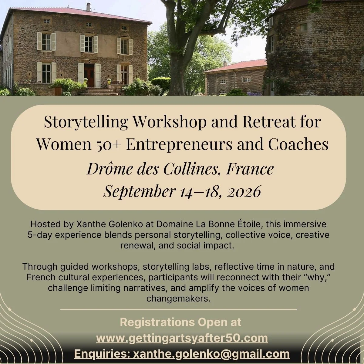 I am excited to announce that I will be hosting Insights, Inspiration &amp; Illumination, an intimate retreat and storytelling workshop for women 50+ purpose driven entrepreneurs and coaches, set in the beautiful Dr&ocirc;me des Collines, France. 

O