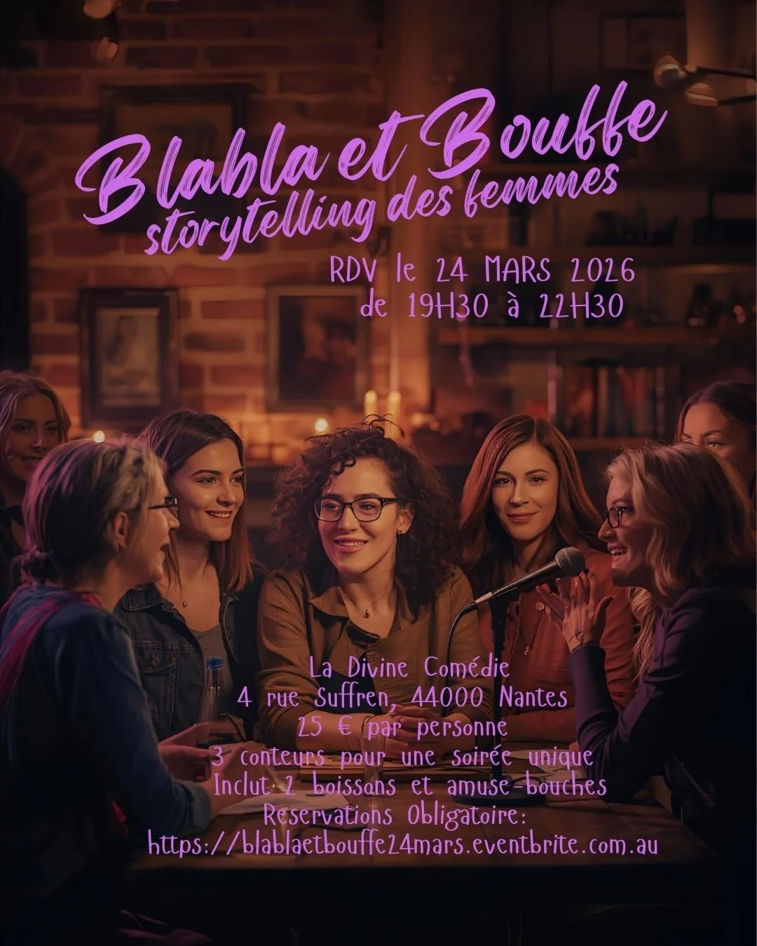 Si vous &ecirc;tes &agrave; Nantes le 24 mars, venez nous rejoindre pour une belle soir&eacute;e de storytelling et de connexion entre femmes lors de Blabla &amp; Bouffe.

✨ Une soir&eacute;e chaleureuse pour &eacute;couter des histoires inspirantes,