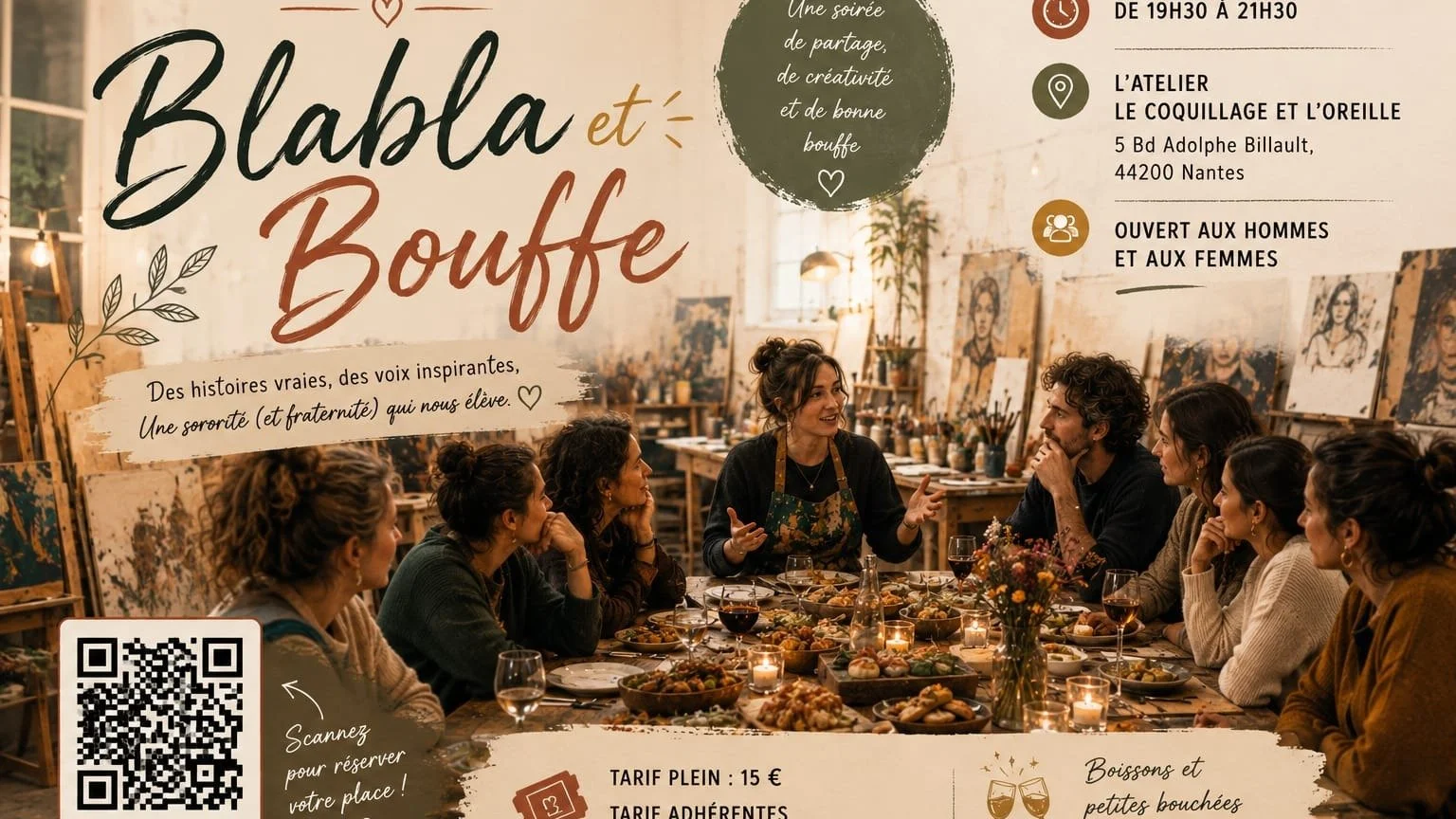 Les inscriptions sont ouvertes pour notre prochain &eacute;v&eacute;nement Blabla et Bouffe. 

✨ *LE BESOIN DE CR&Eacute;ER* ✨
Rejoignez-nous pour une soir&eacute;e inspirante de storytelling au f&eacute;minin. 

Trois femmes partageront leurs parcou