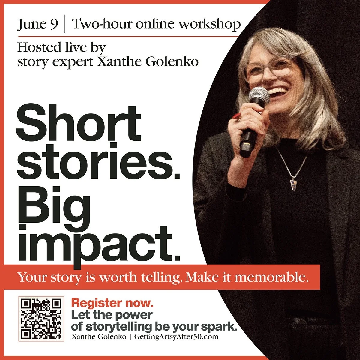LAST CHANCE TO REGISTER

Learn how to use the power of storytelling to communicate with more clarity, emotional connection, and impact. 

Whether you run a business, teach, coach, or create, if you need to communicate your message in a compelling way