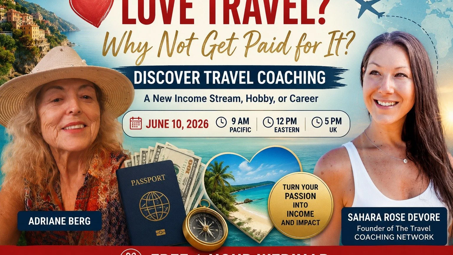 Ever thought about being a travel coach? Sounds interesting right!!

Join @theagelesstraveler Adriane Berg and Sahara Rose DeVore, Founder of the Travel Coaching Network, for a FREE one-hour webinar to discover one of the most exciting opportunities 